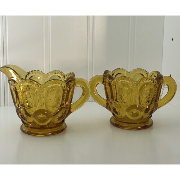Amber Glass Cream and Sugar Moon and Stars Pattern - Picture 1 of 7